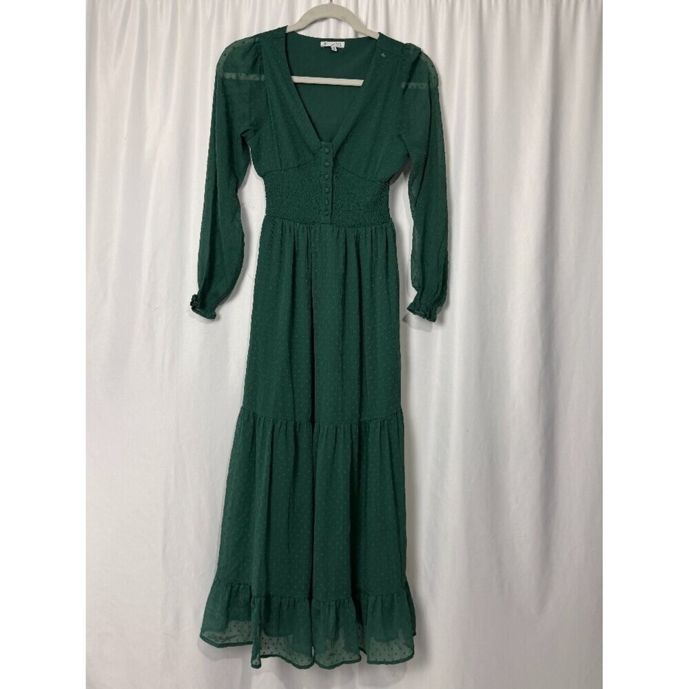 Patrons of Peace Forest Green Swiss Dot Boho Tiered Maxi Dress Smocked V-Neck XS